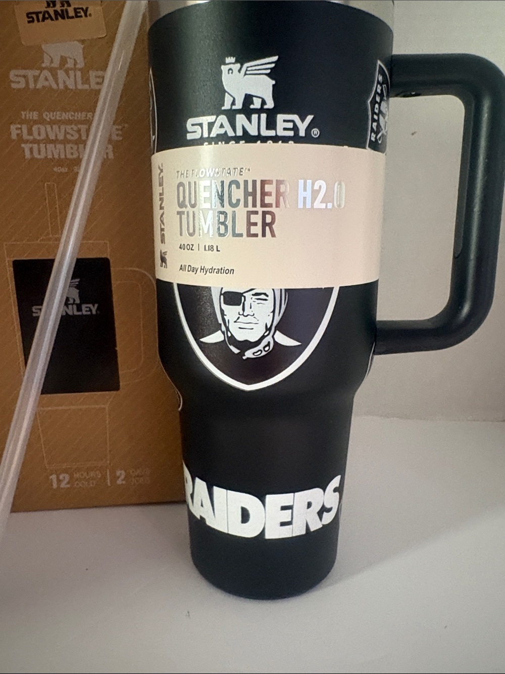 Stanley Black Quencher H2.0 Tumbler with Raiders Logo